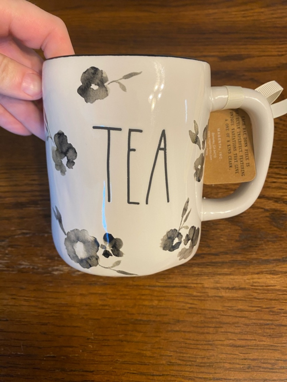 Rae Dunn TEA Watercolor Floral Ceramic Mug Black Rim NWT